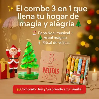 Papá noel giratorio + Kit Velitas x6 + Mini Arbol Magico