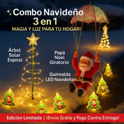 COMBO 3 EN 1 ARBOL SOLAR + PAPÁ NOEL + GUIRNALDA LED