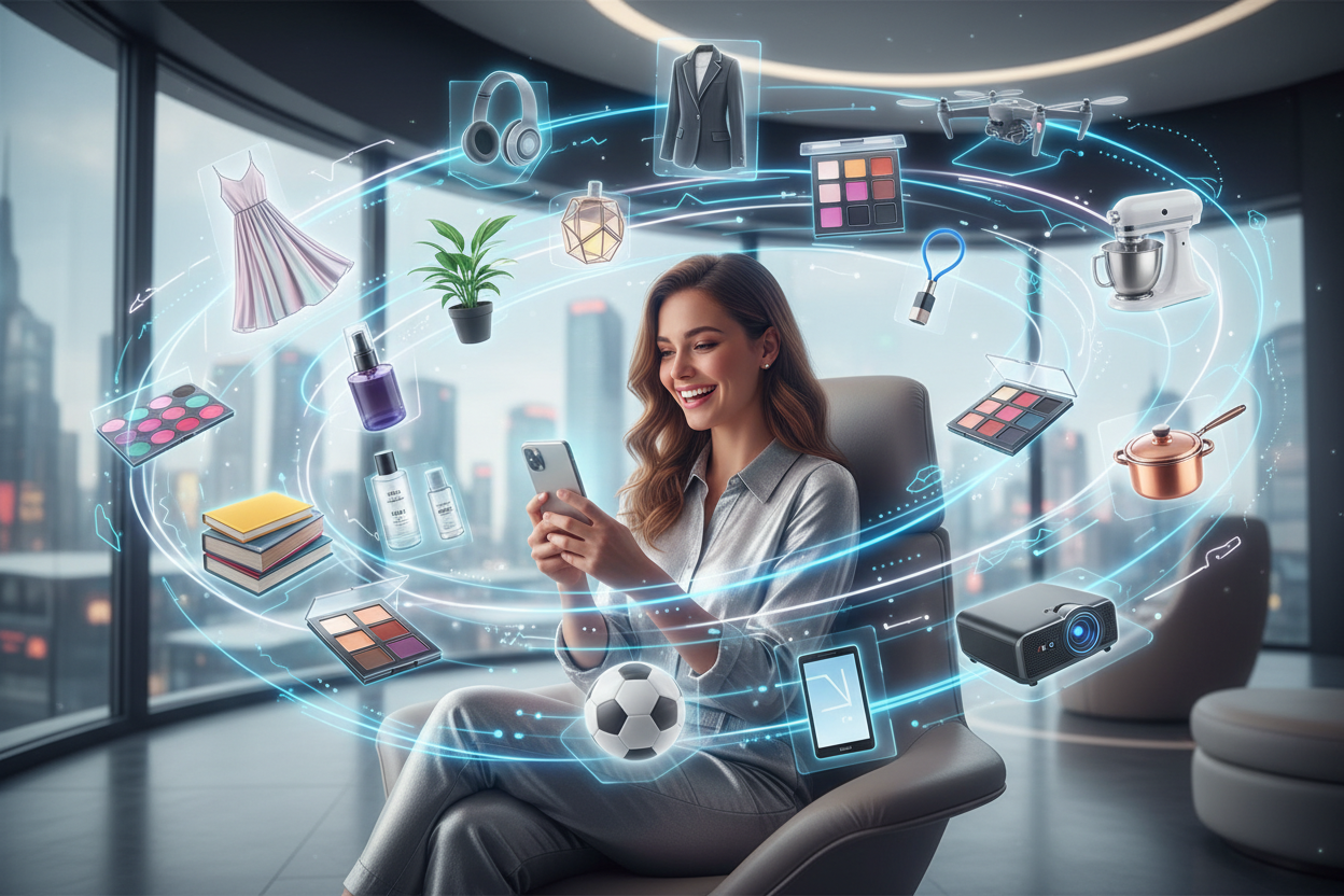 crea una chica comprando desde el celular y sobre ella imagenes de productos multinichso