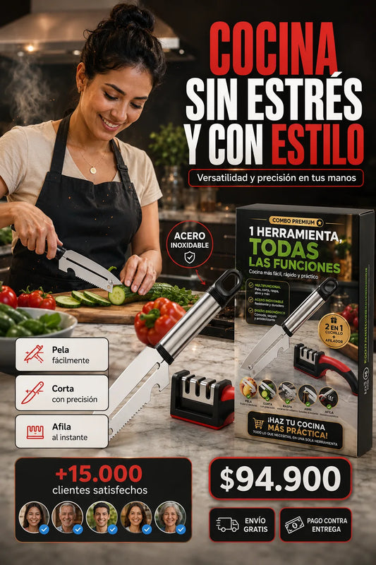 COMBO CUCHILLO MULTIFUNCIONAL + AFILADOR EN ACERO INOXIDABLE